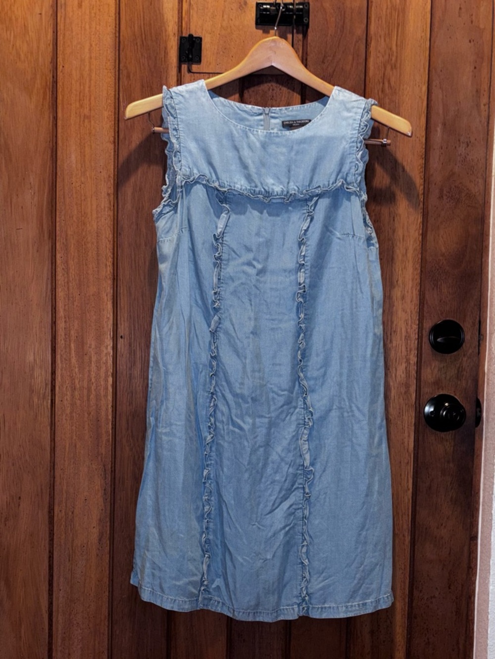 Chelsea & Theodore Light Blue Sleeveless Ruffle Trim Denim Midi Dress